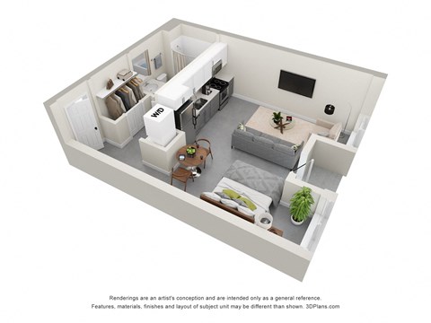 this is a 3d floor plan of a 618 square foot 1 bedroom apartment at the